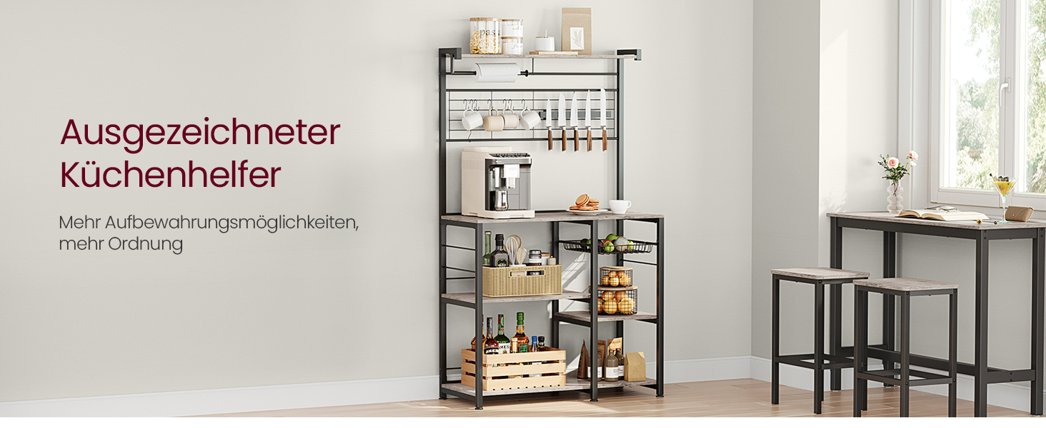 Стелаж кухонний VASAGLE, підлоговий, з магнітною смугою для ножів, кошиком, тримачем для рушників, 12 гачків, вінтажний, коричнево-чорний KKS026B01 (Грейж + Чорний)