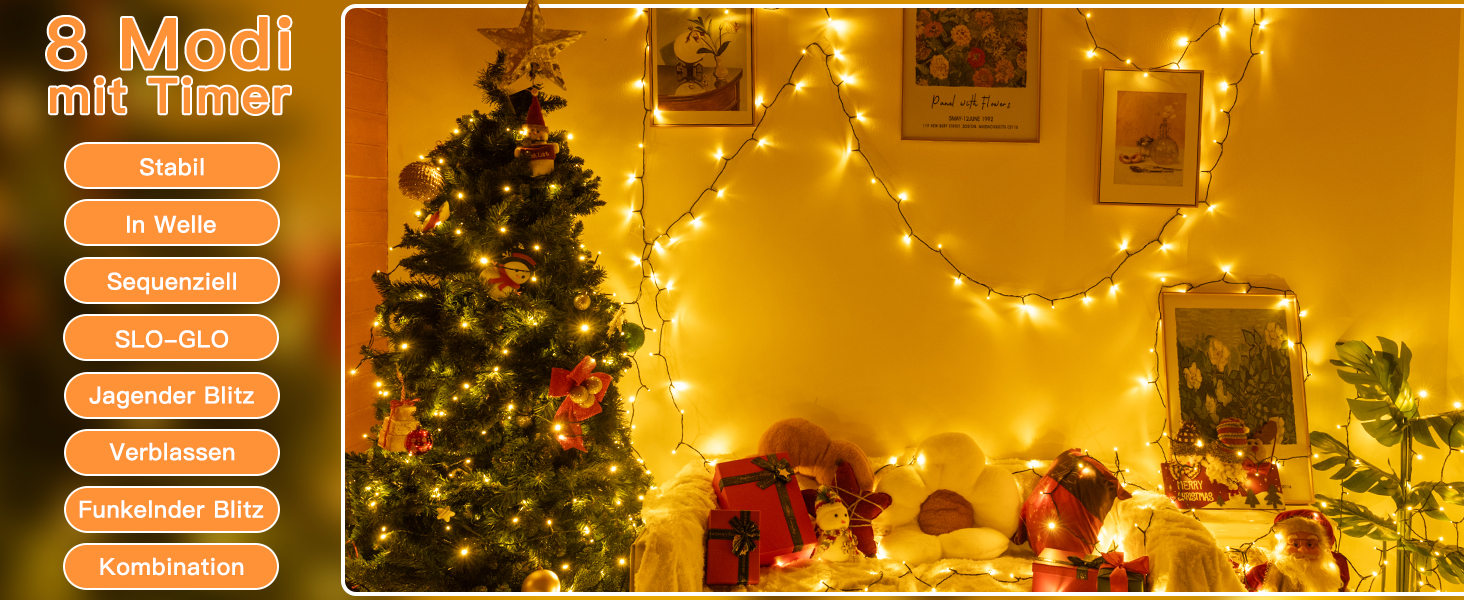 Ланцюжок прикрас Ollny з 150 LED, 15 м, тепле біле світло, IP44, для саду, вечірки, Нового року (зелений кабель)