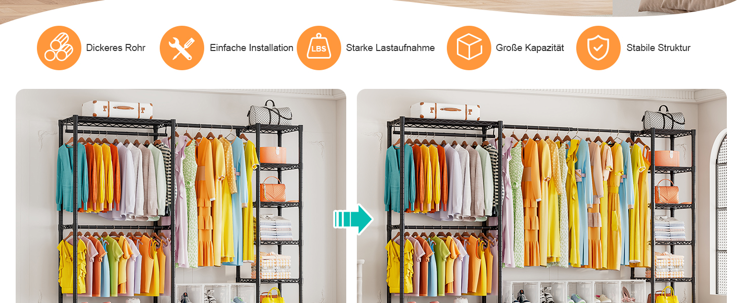 Розширюваний вішак для одягу, металевий гардеробний стійка з регульованими полицями, важкий, чорний