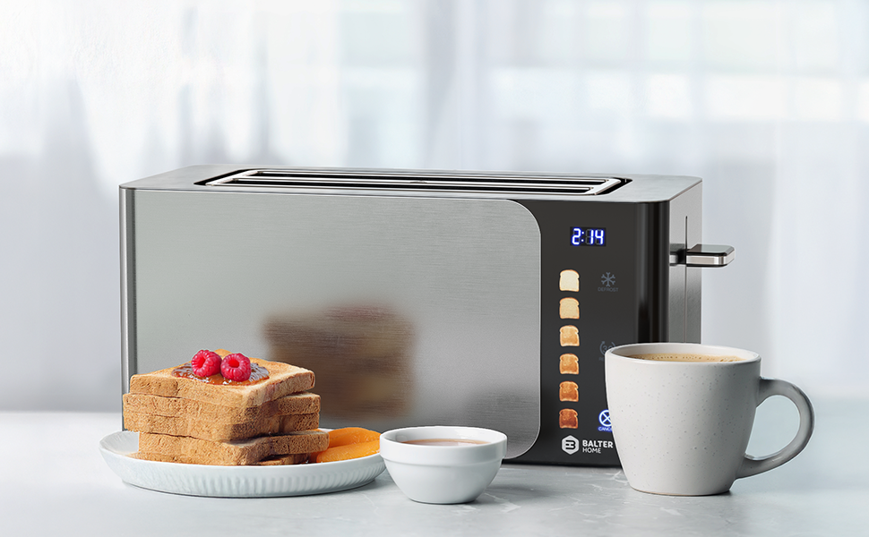 Тостер Balter 4 Scheiben з сенсорним керуванням, нержавіюча сталь, підставка для булочок, LCD дисплей, функція підігріву, центрування хліба, TS-34 (Ts-44-silber)