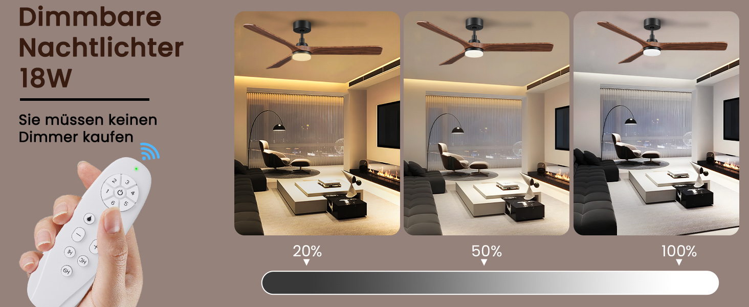 Стеляний вентилятор з дерева з підсвічуванням, 90 см, тихий DC-двигун, 6 швидкостей, пульт з пам'яттю, таймер, 24W LED, регулювання яскравості