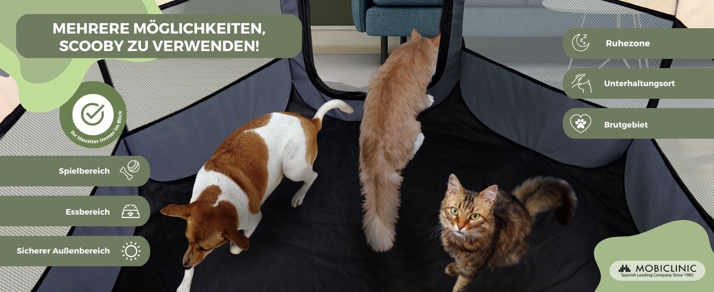 Mobiclinic® Pets: Вольєр для цуценят, розкладний, 114x114x58 см, Scooby, 2 входи, 8 вікон, сірий