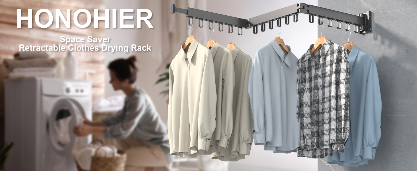 Висувний сушильник для білизни настінний з гачками, компактний для балкона, ванної кімнати, спальні (білий)