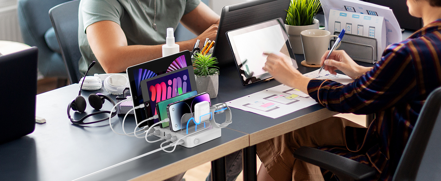 Зарядна станція SooPii USB 60W/12A, 6 портів з PD 20W для iPhone/Samsung, тримач для Apple Watch, 6 кабелів у комплекті - біла