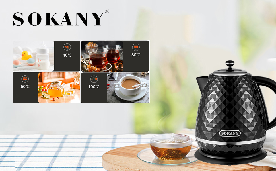 SOKANY SK-1032 Electric Kettle - 1.7L, 2200W, Auto Shut-Off, 360° Swivel Base, Removable Scale Filter, Black