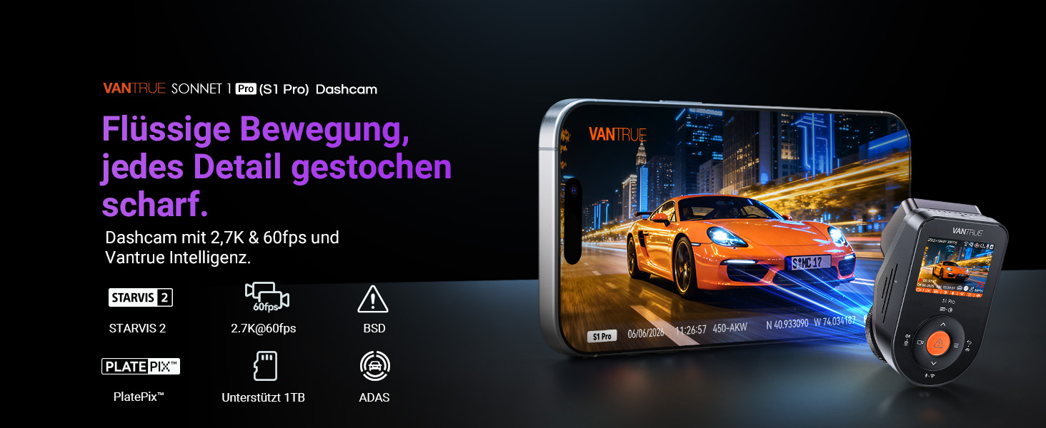 Автомобільний відеореєстратор VANTRUE S1 Pro 2.7K 60FPS з нічним баченням STARVIS 2, прихований монтаж