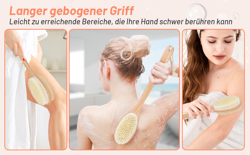 Дерев'яна щітка для спини Alyvisun для душу з довгим руків'ям, двостороння, жорсткі та м'які щетинки, для мокрого та сухого пілінгу тіла