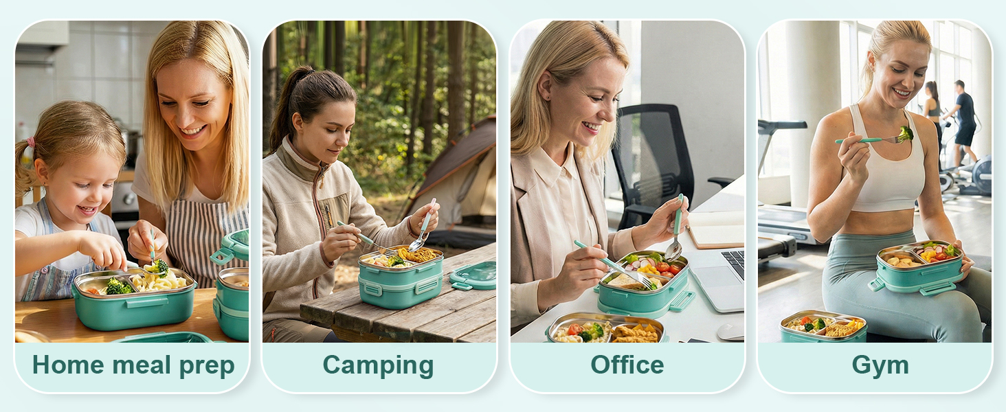 Ланчбокс Lille Home з 2 ярусами, 4 відділення, 1650 мл, з посудом, BPA-free, не протікає (Зелений)