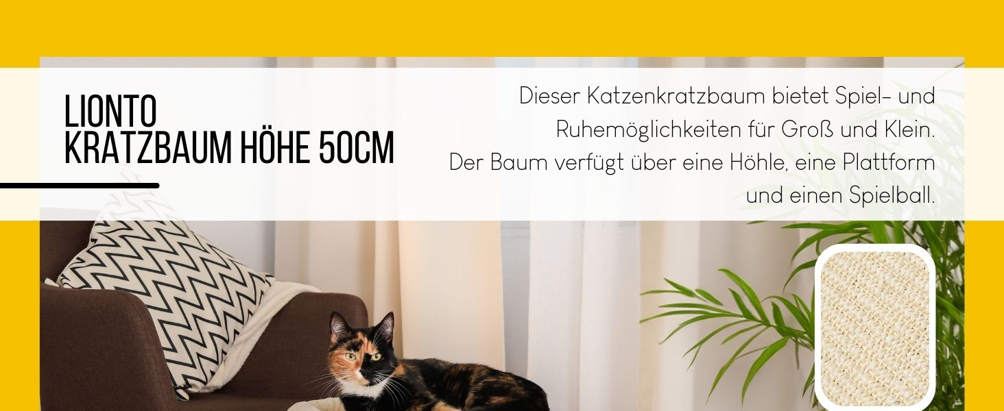 Cat scratching post with a cozy lying area & cave, height 50 cm, cat tree with plush ball incl. bell, sisal rope & soft plush, suitable for small & large cats, beige