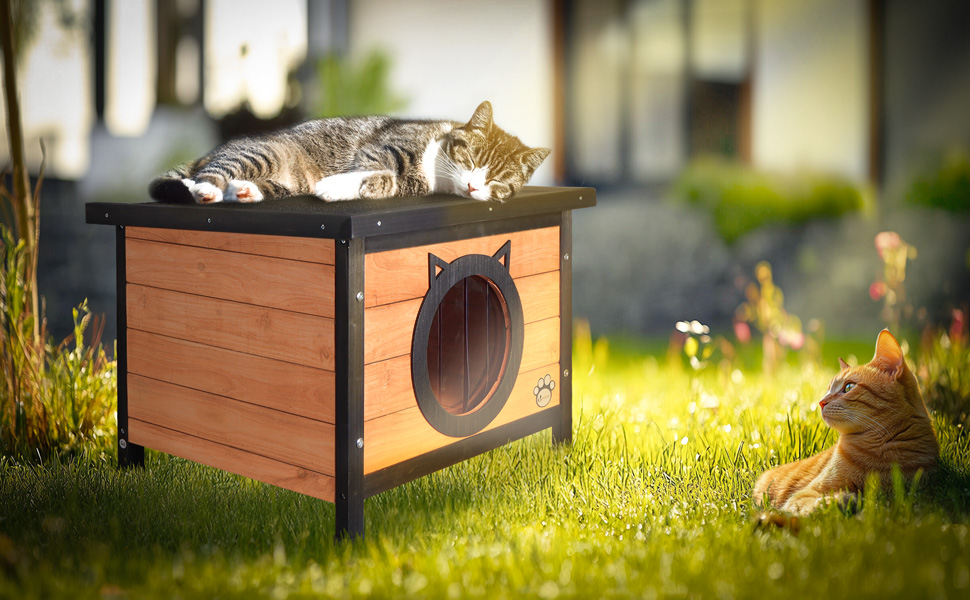 Будинок для котів VOUNOT® з асфальтовим дахом, вулиця, 57 x 45 x 43 см (дерево, вушка кота)