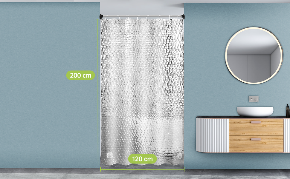 Шторка для душу OTRAKI 200 x 200 см, антигрибкова, EVA, прозора, PVC-free, екологічна, з кільцями, водонепроникна, напівпрозора, 12 кілець