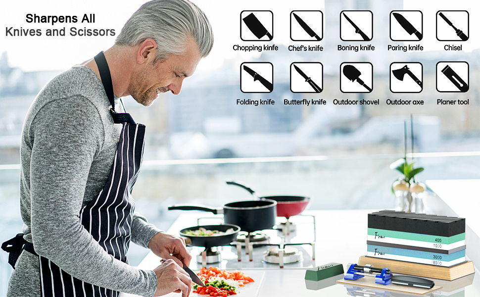 Набір точильних каменів Schleifstein: 400/1000, 3000/8000, з підставкою, зточкою та аксесуарами для ножів