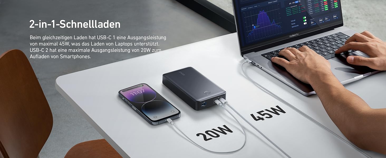 Powerbank Anker 537 PowerCore 24K (65W) - 24000mAh, чорний. Сумісний з MacBook Pro, Dell XPS, iPad Pro, iPhone, iWatch