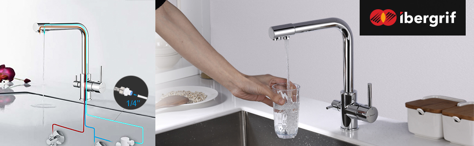 Кухонний змішувач 3-в-1 з обертанням 360° з нержавіючої сталі, з двома ручками, для фільтрації води, гарячої та холодної води, високого тиску, 3 шланги по 50 см