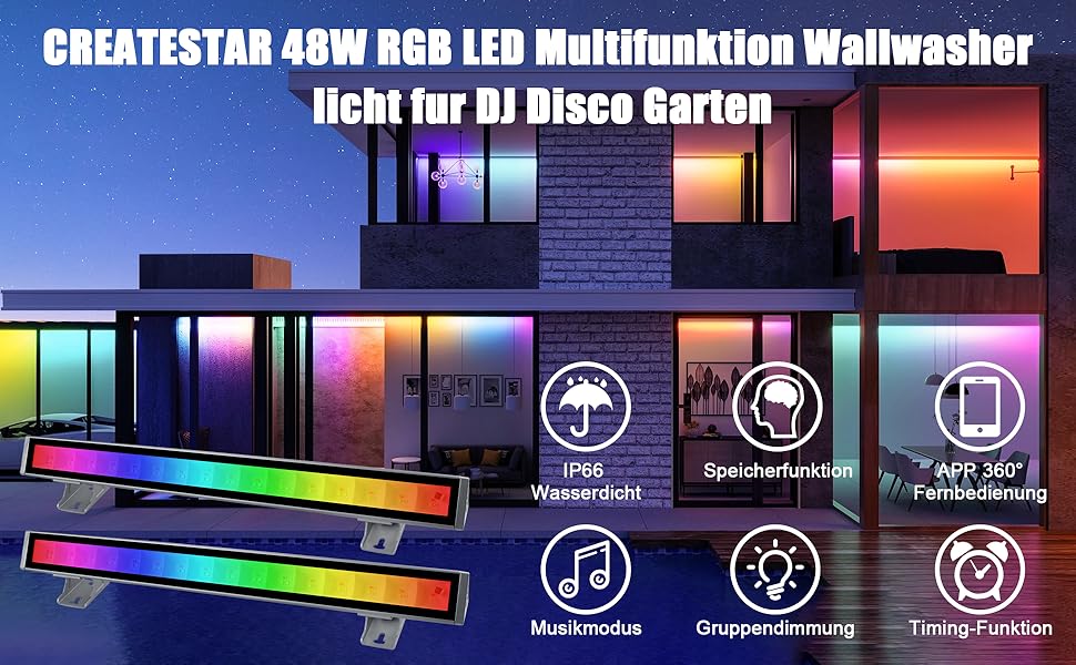 RGB LED прожектор 48Вт, настінний світильник-бар, IP66, водонепроникний, керування через пульт і додаток, для вулиці та приміщень, підсвічування дерев, вечірок, саду