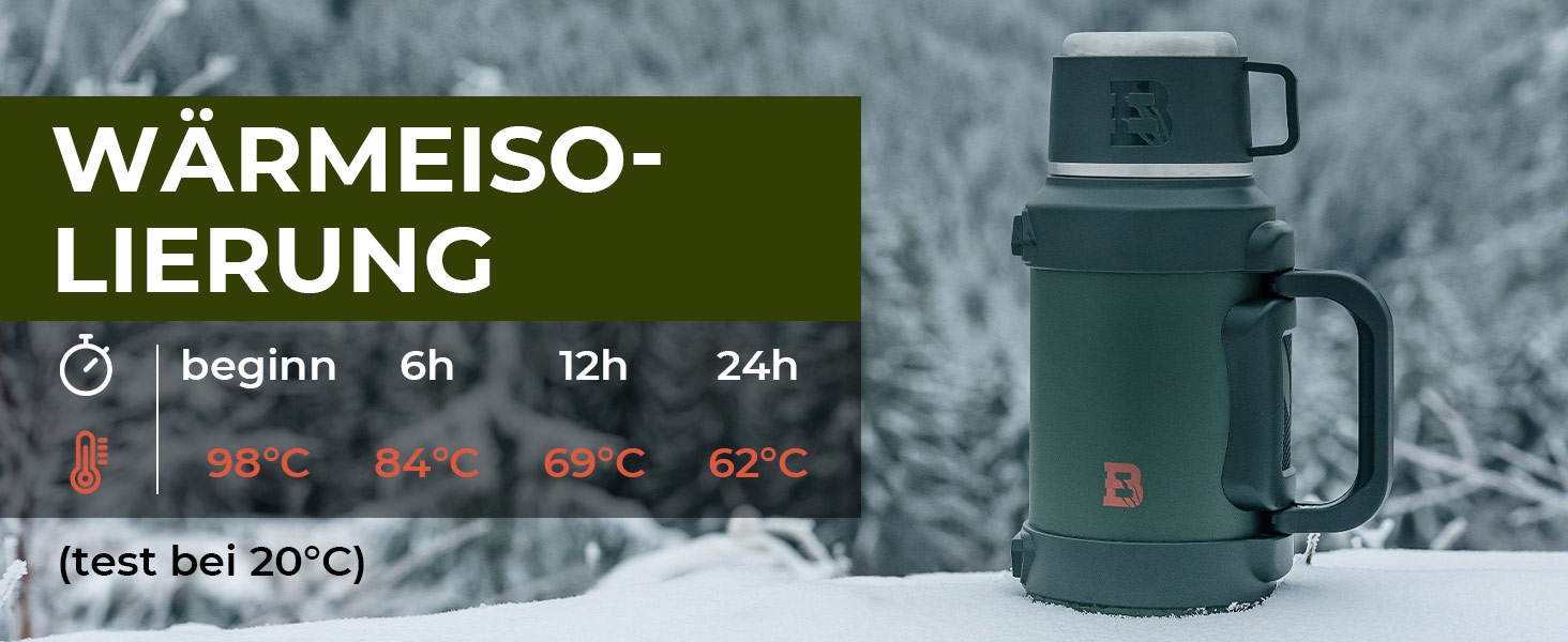Термос Badger Outdoor Big Boy 1.3L з нержавіючої сталі з ситом для чаю | Вакуумна ізоляція, система One Touch, 24 години збереження тепла, ремінь, оливковий зелений