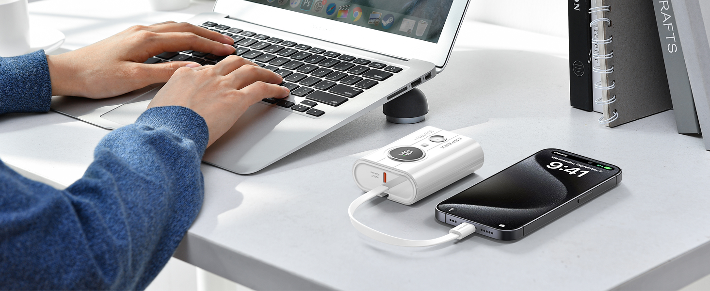 Power Bank AsperX 10000mAh з PD 30W, USB-C, білий. Швидка зарядка для iPhone 15/14, iPad. Компактний акумулятор