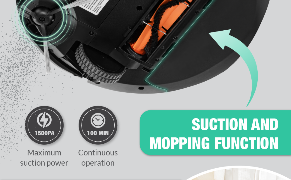 Робот-пилосос з функцією миття - 2в1. Робот-пилосос з додатком, акумулятором 120 хв, для килима, шерсті тварин та твердих підлог. З зарядну станцією та пультом дистанційного керування (Чорний)