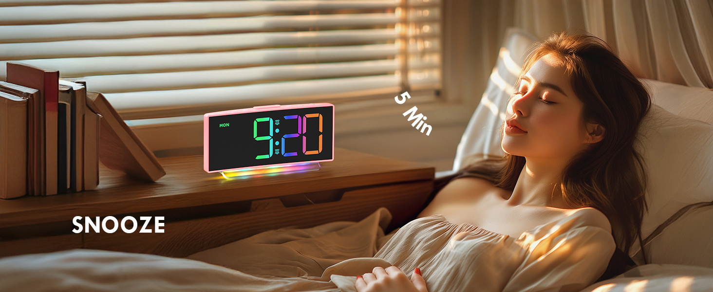 Цифровий LED будильник з RGB нічником (7 кольорів), мережевий будильник з 2 сигналами, функцією Snooze, регулюванням гучності та яскравості, 12/24г (Рожевий)