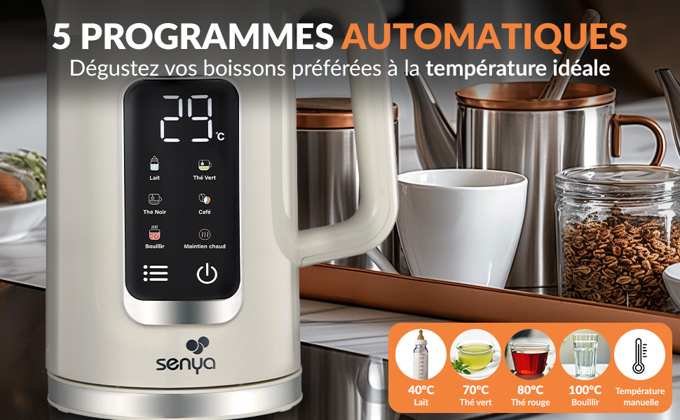 Електричний чайник SENYA 1.7 л з цифровим дисплеєм, 5 температурних програм, підтриманням тепла, 360° та ергономічною ручкою, кремовий