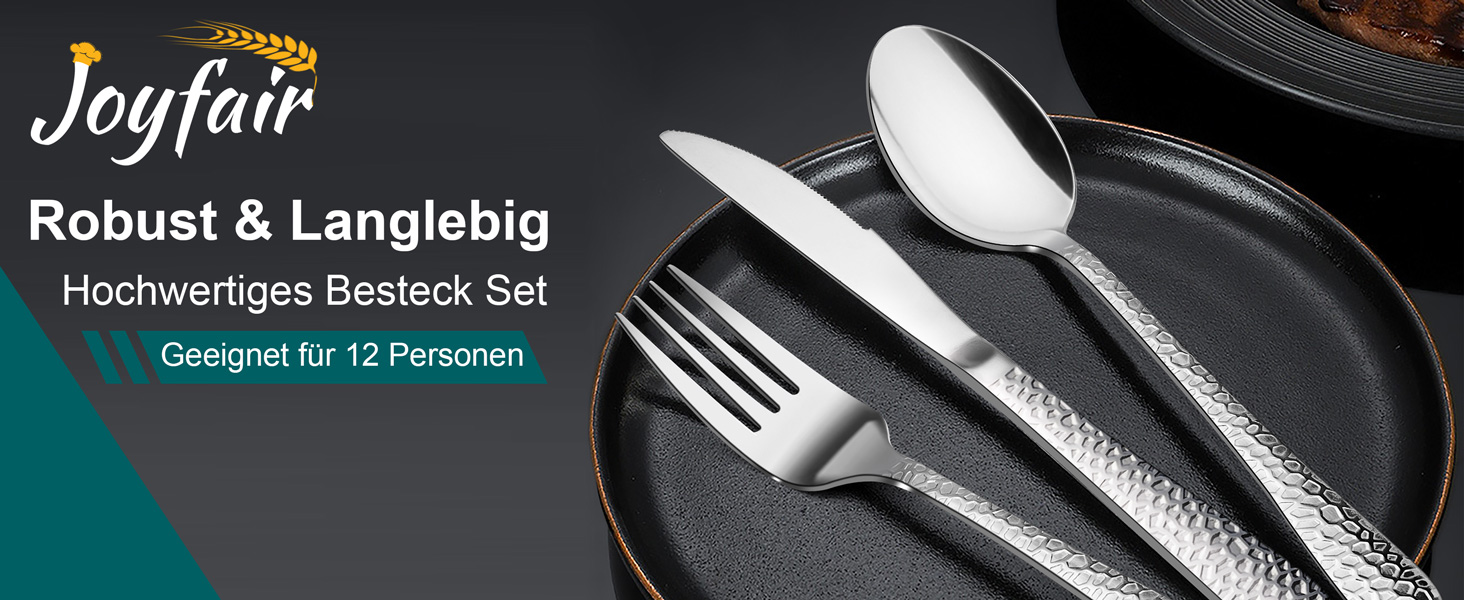 Набір столових приборів Joyfair на 6 осіб (60 предметів), нержавіюча сталь, з молотком, ніж, виделка, ложка, елегантний столовий прибор для дому/вечірки/ресторану, блискучий, придатний для миття в посудомийній машині