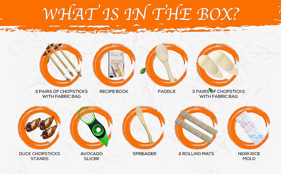 Набір для приготування суші 11 шт. - бамбуковий набір для суші: килимок, сервірувальний комплект для початківців, 2 килимки, 5 пар паличок для їжі з сумкою, ложка для рису, роздільник, сервірувальний піднос, тройна соусниця, Ebook