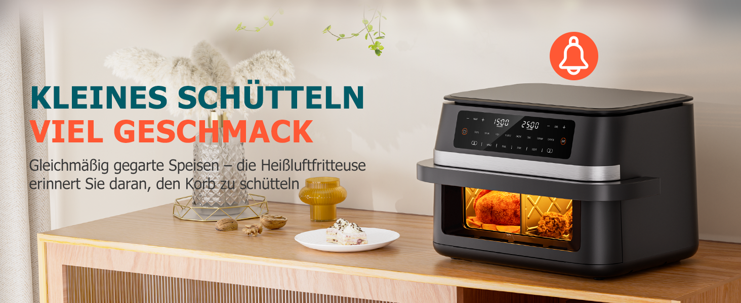 Електрична фритюрниця без олії, 12L, з подвійним відсіком, сенсорний екран, 10 програм, чорна