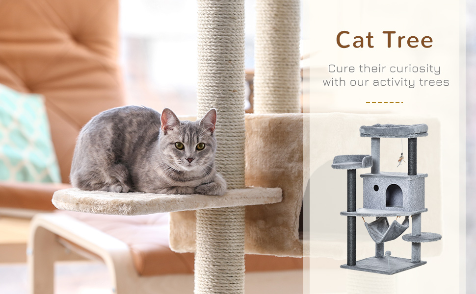 Кігтеточка PawHut для котів з тунелем, гамаком та платформами, 48x48x107 см, сіра