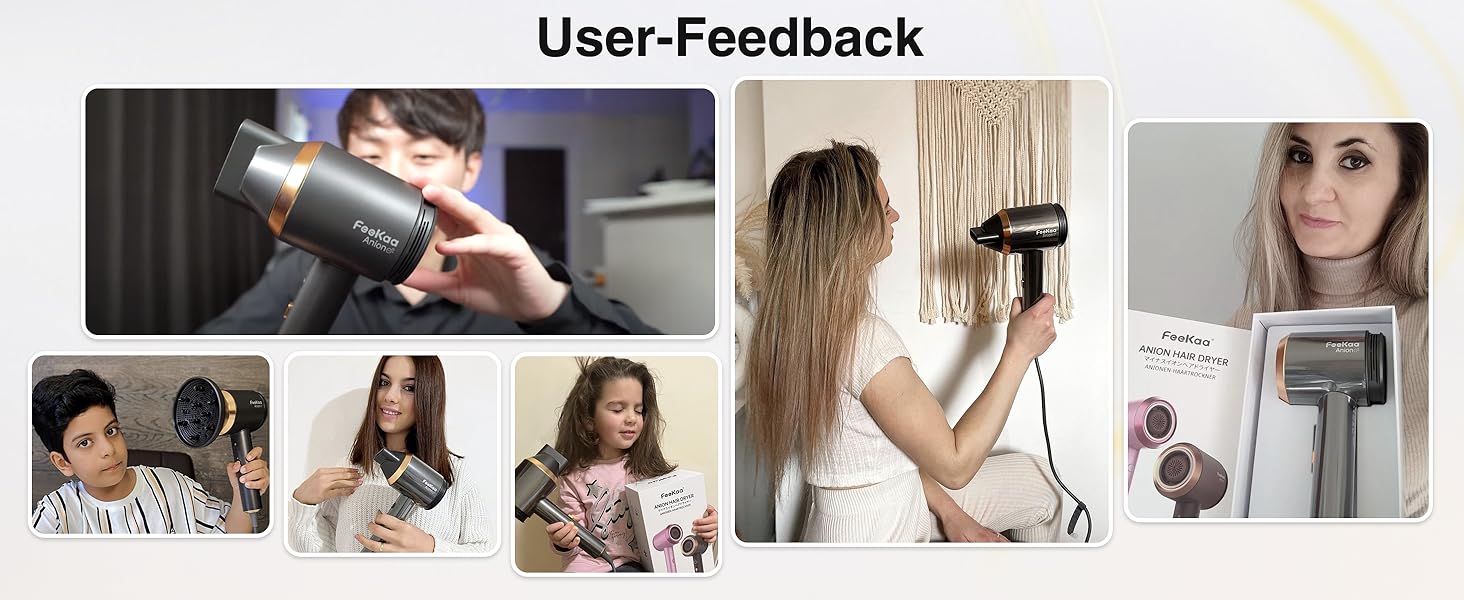 Іонський фен Feekaa з дифузором та магнітною насадкою, для подорожей та кучерявого волосся, 4 температурні режими, матовий чорний