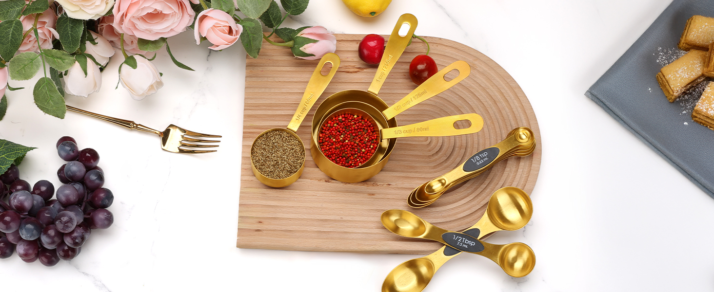 Набір мірних стаканів та ложок Cuteefun Gold, 13 предметів: 5 стаканів, 8 магнітних ложок, нержавіюча сталь для вимірювання сухих та рідких інгредієнтів для випічки та приготування їжі