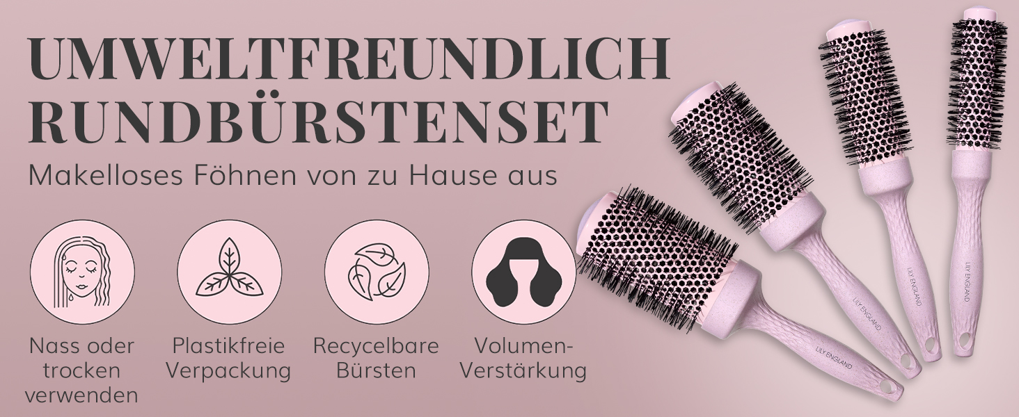 Набір біо-круглих щіток для волосся Lily England | Екологічний набір для сушіння феном | Рожевий колір