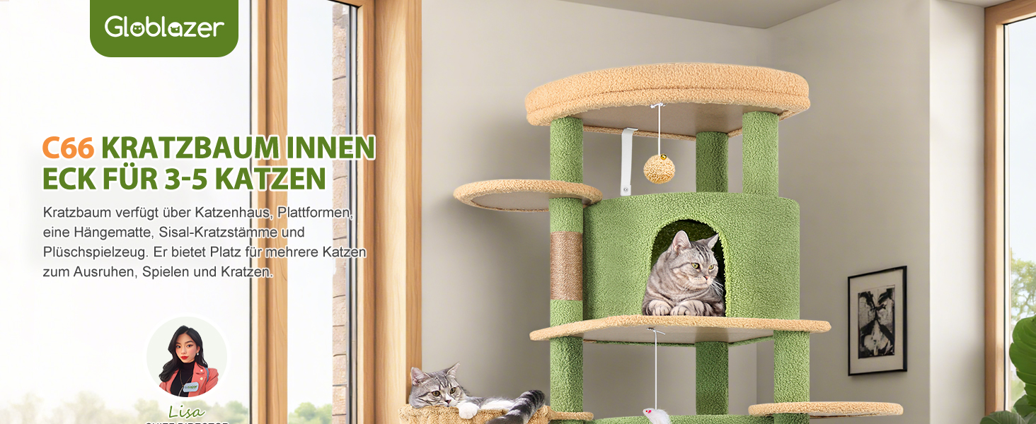Котячий будиночок Globlazer з когтеточкою, 167 см, кутовий, зелений, для 3-4 котів