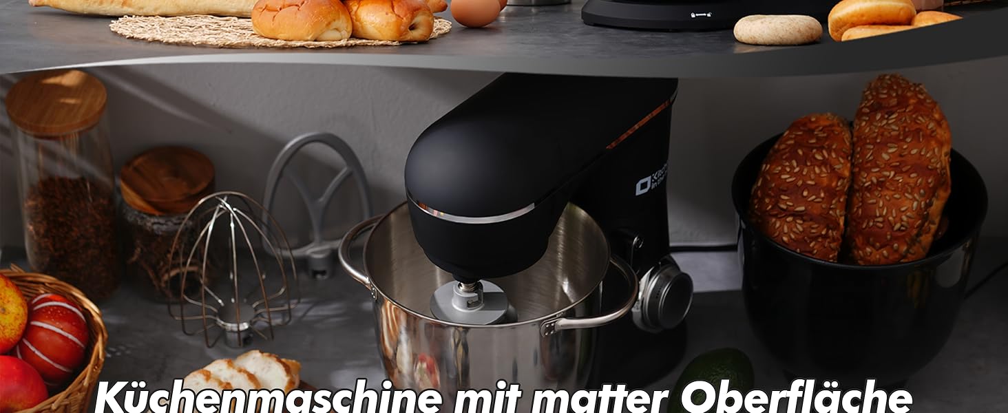 Кухонний комбайн Kitchen in the box, планетарний міксер з чашами 4,5 л та 5 л, 1300 Вт, 10+ швидкостей, з насадками (гак, міксер, вінчик), чорний