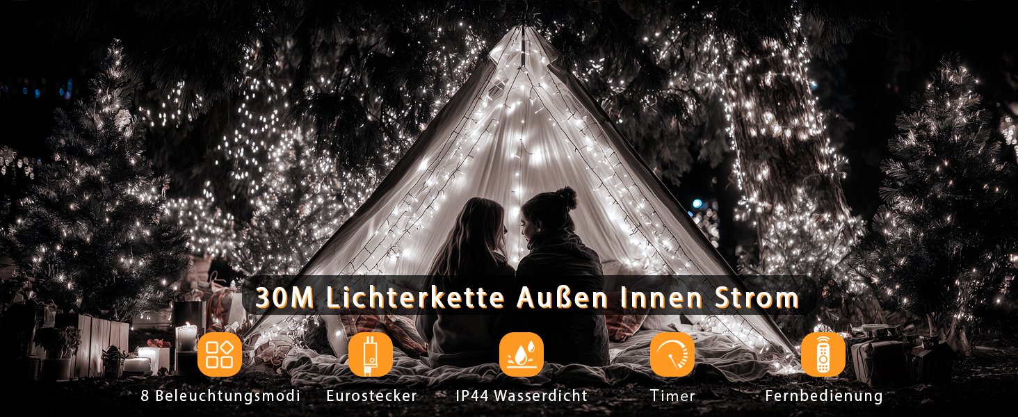 Гірлянда світлодіодна для прикраси саду, дому, на Різдво, 30м, 230 LED, тепле біле світло, 8 режимів, з пультом, вологостійка