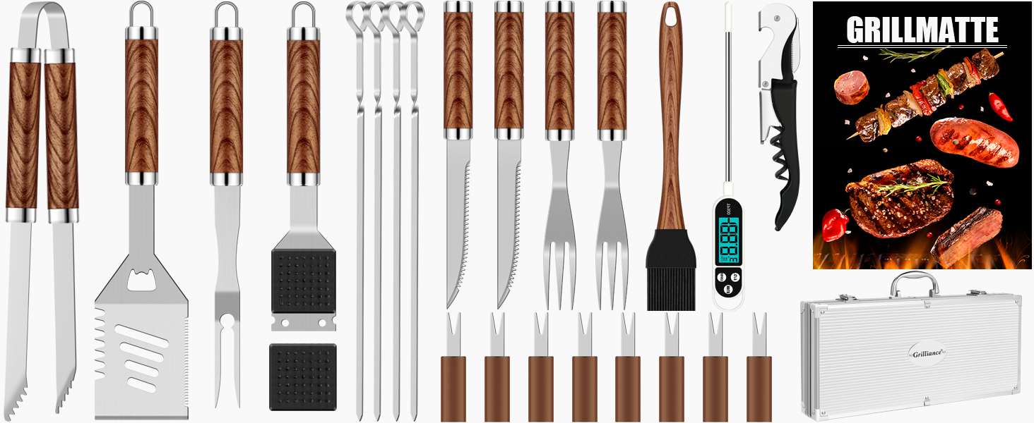 Grilliance 26-Piece Stainless Steel Grill Accessory Set - High-Quality BBQ Grill Utensil Case - Perfect Grill Tool Set for Men - Gift with Portable Storage Case and Meat Thermometer - Brown