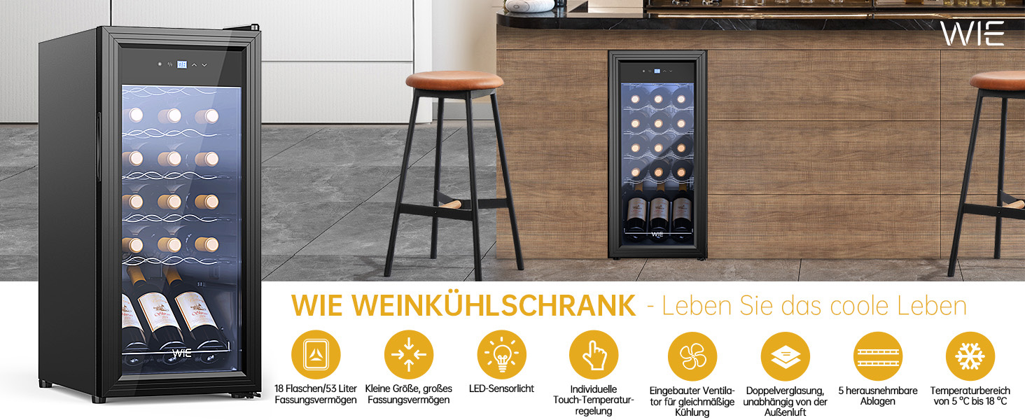WIE 33L 1-Zone Wine Cooler Fridge - Compact Wine Refrigerator with Glass Door, LED Touch Panel, Anti-UV Protection (18 Bottles)