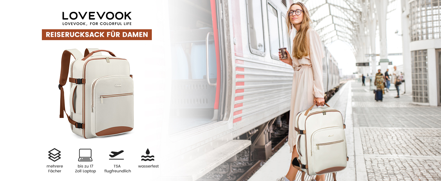 Рюкзак LOVEVOOK для ручної поклажі в літак, 40L, великий, для жінок, валіза-рюкзак, водонепроникний, для ноутбука 17 дюймів, для подорожей, бізнесу, роботи, відпочинку, хайкінгу, weekend (M, Бежевий+чорний)