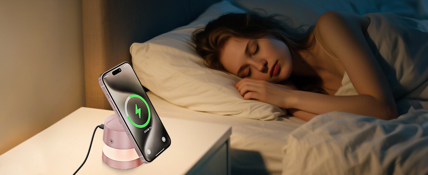 Бездротова зарядка 4-в-1 для iPhone 17/16/15/14 Pro Max з нічним світлом, сумісна з Apple Watch та AirPods, рожева