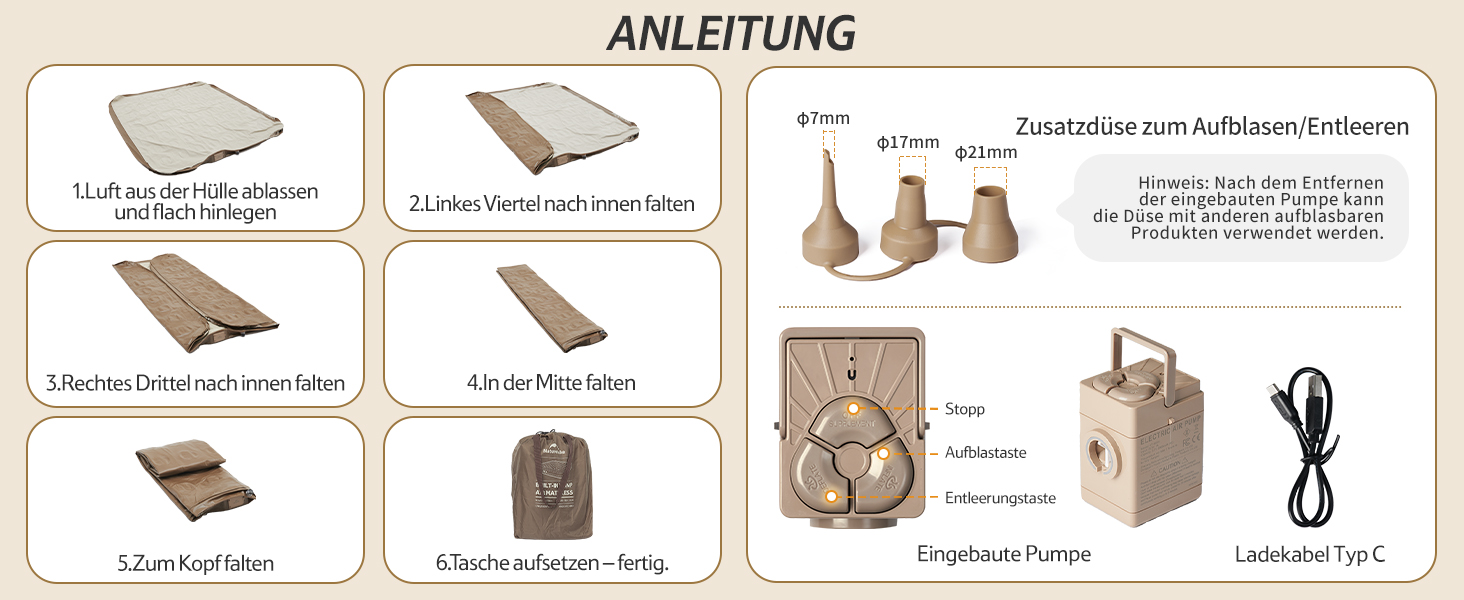 Надувний матрац Naturehike для кемпінгу та дому (190x100x45 см), самонадувний, з акумуляторним насосом, для 1 особи, коричневий