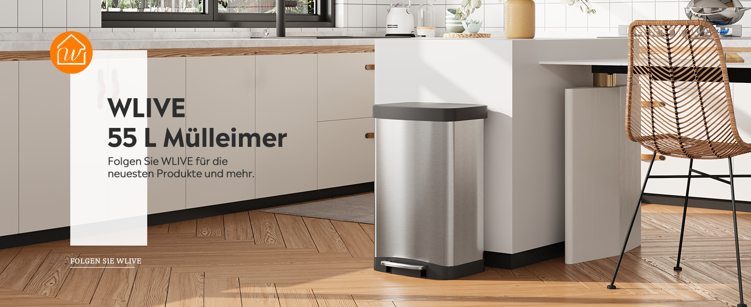 Відро для сміття WLIVE з нержавіючої сталі, 55L, з м'яким закриттям, для кухні, спальні, офісу, срібний