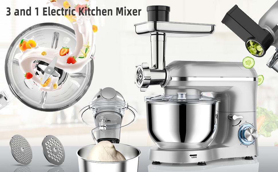 Homlee 3-in-1 Kitchen Machine - 1800W Food Processor with Meat Grinder, Juicer & 5.5L Stainless Steel Bowl - 6 Speed Mixer
