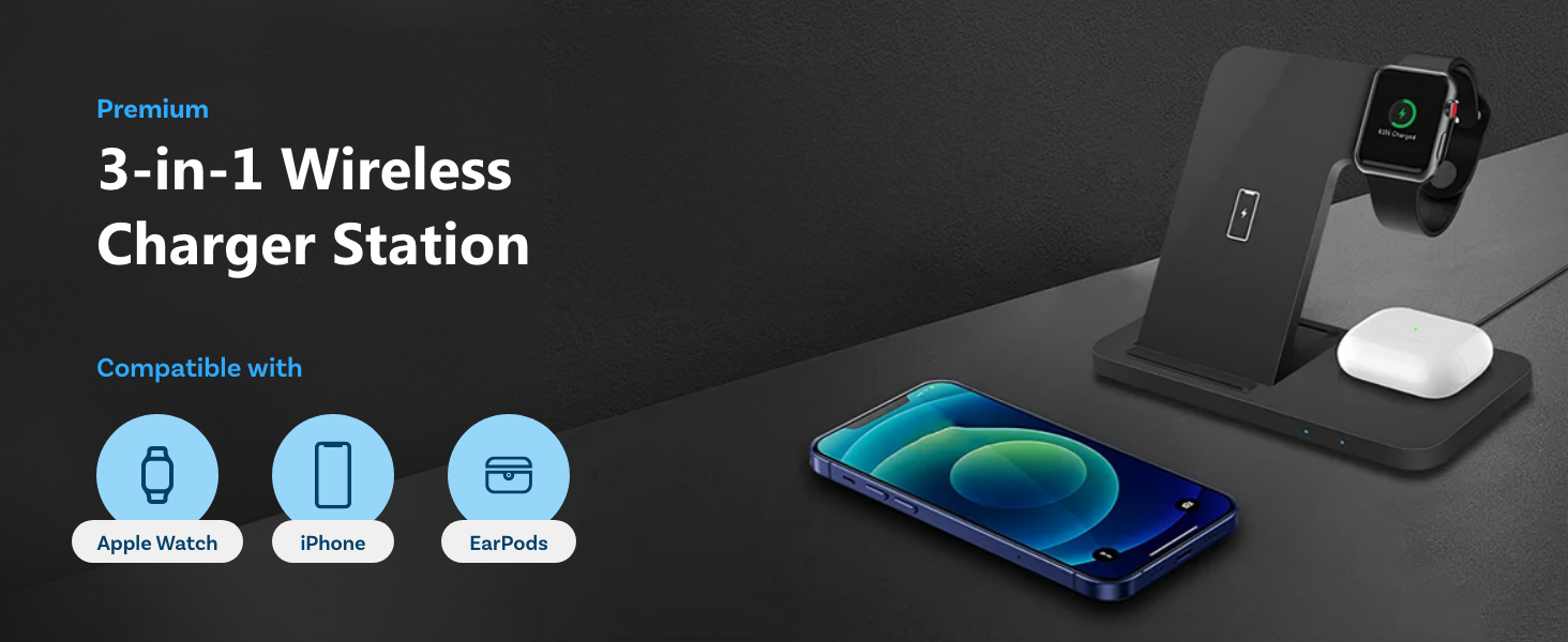 MMOBIEL Бездротова зарядна станція 3-в-1 для iPhone, Apple Watch та AirPods - 15W, Швидка бездротова зарядка, Чорний (Модель C)