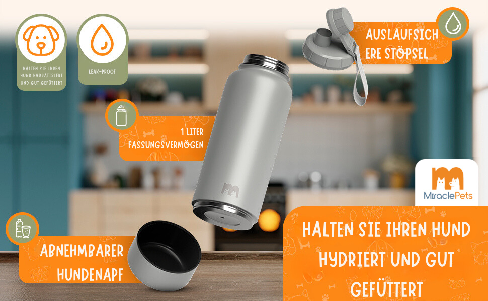 Фляга для собак Miracle Pets: 1 л, нержавіюча сталь, BPA-free, з мийкою, для подорожей