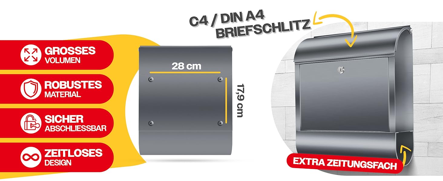 Поштовий ящик настінний KESSER® XXL нержавіюча сталь срібний з газетницею, замок + 3 ключі, вологостійкий, порошкове покриття
