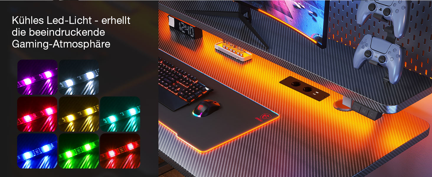 Small LED Gaming Desk with Power Outlets - 80cm Carbon Fiber PC Gamer Table