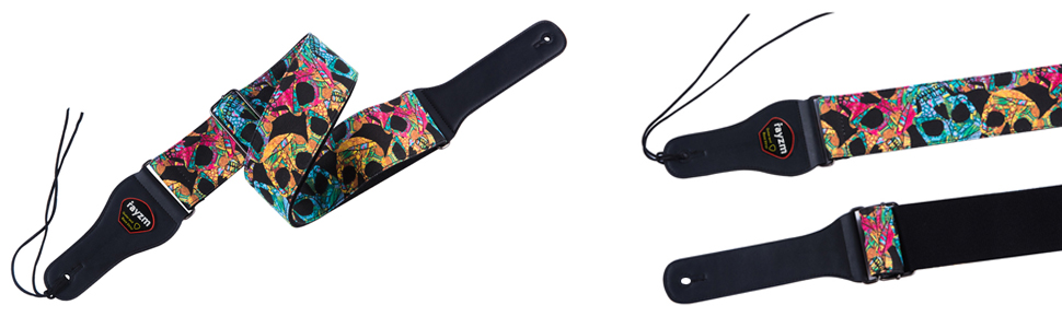 Гітарний ремінь Rayzm для акустичної, електрогітари та бас-гітари з баскліком та дизайном черепа, 6.5 см, для дорослих