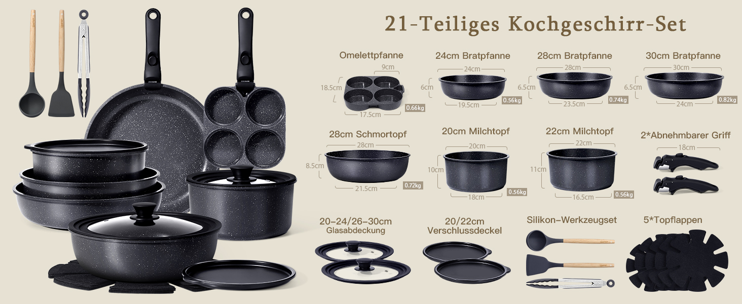 Набір посуду GiPP 21 предмет: сковороди та каструлі з антипригарним покриттям, для всіх типів плит, чорний