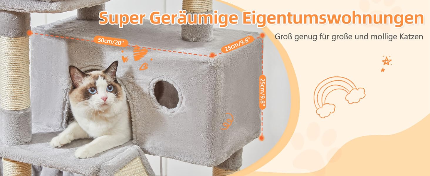 Кігтеточка для котів Taoqimiao MS026W 146 см - велика, стабільна, з 2 будиночками, гамаком, корзиною та 8 кігтеточками (світло-сірий)