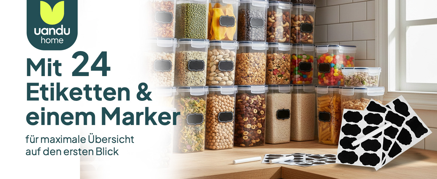 Набір контейнерів для зберігання Uandu з кришкою, 24 шт. BPA Free, для кухні: мюслі, борошно, цукор, з ручкою та етикеткою чорного кольору