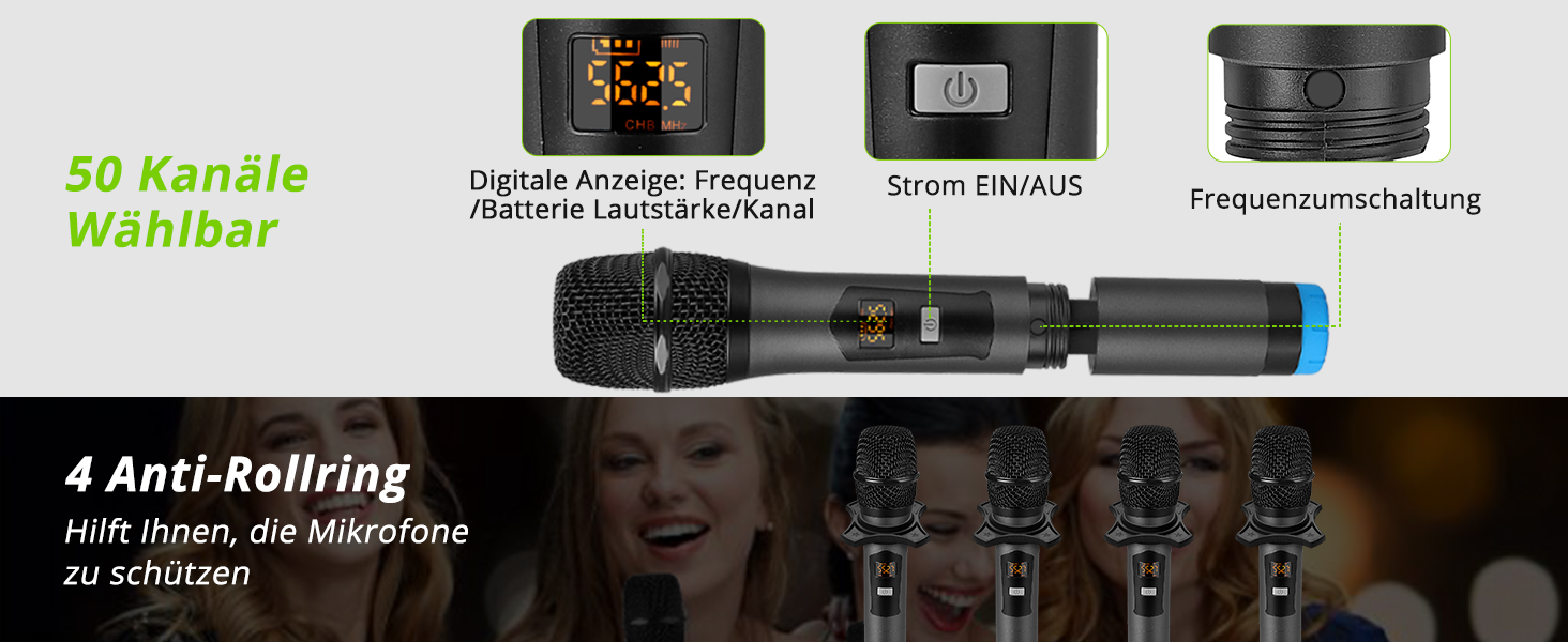 LiNKFOR UHF мікрофонний комплект з 4-ма ручними мікрофонами, 50 каналів, Bluetooth, AUX - для DJ, співу, церкви, весіль